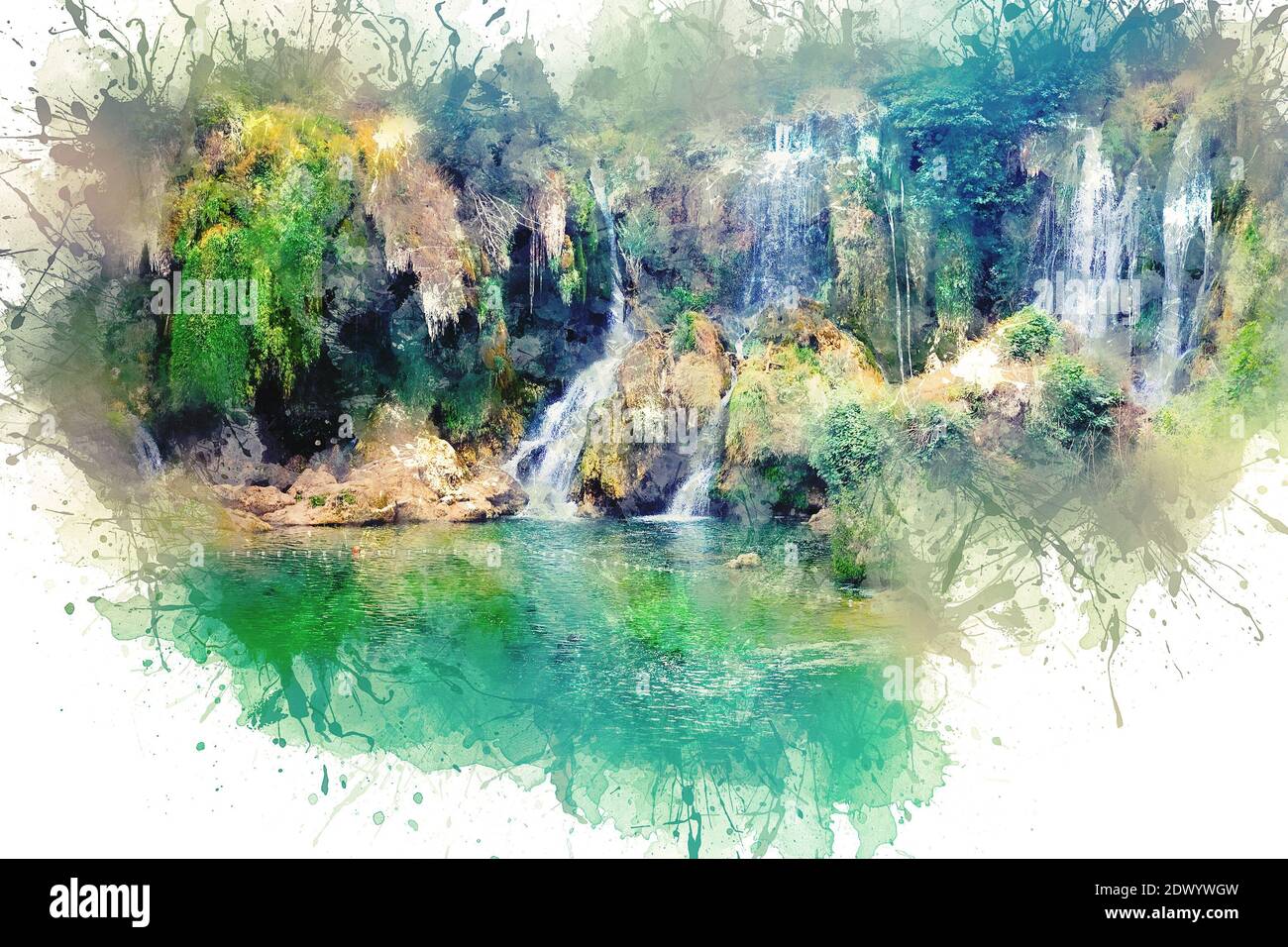 Watercolor drawing.Kravice Falls near the city of Mostar. Bosnia and Herzegovina Stock Photo