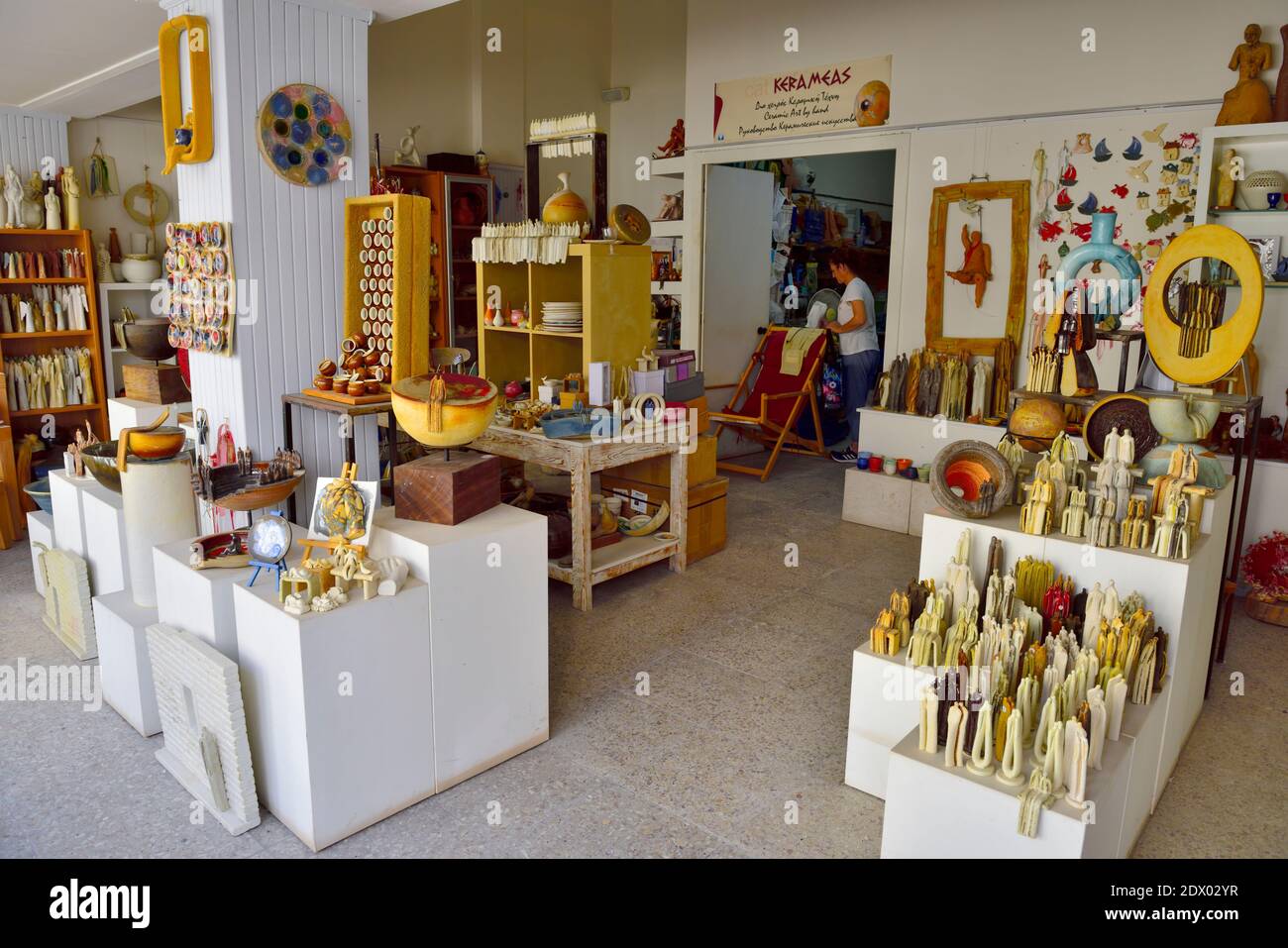 Inside CAT Kerameas Ceramics shop which has the artists workshop in back, Limassol, Cyprus Stock Photo