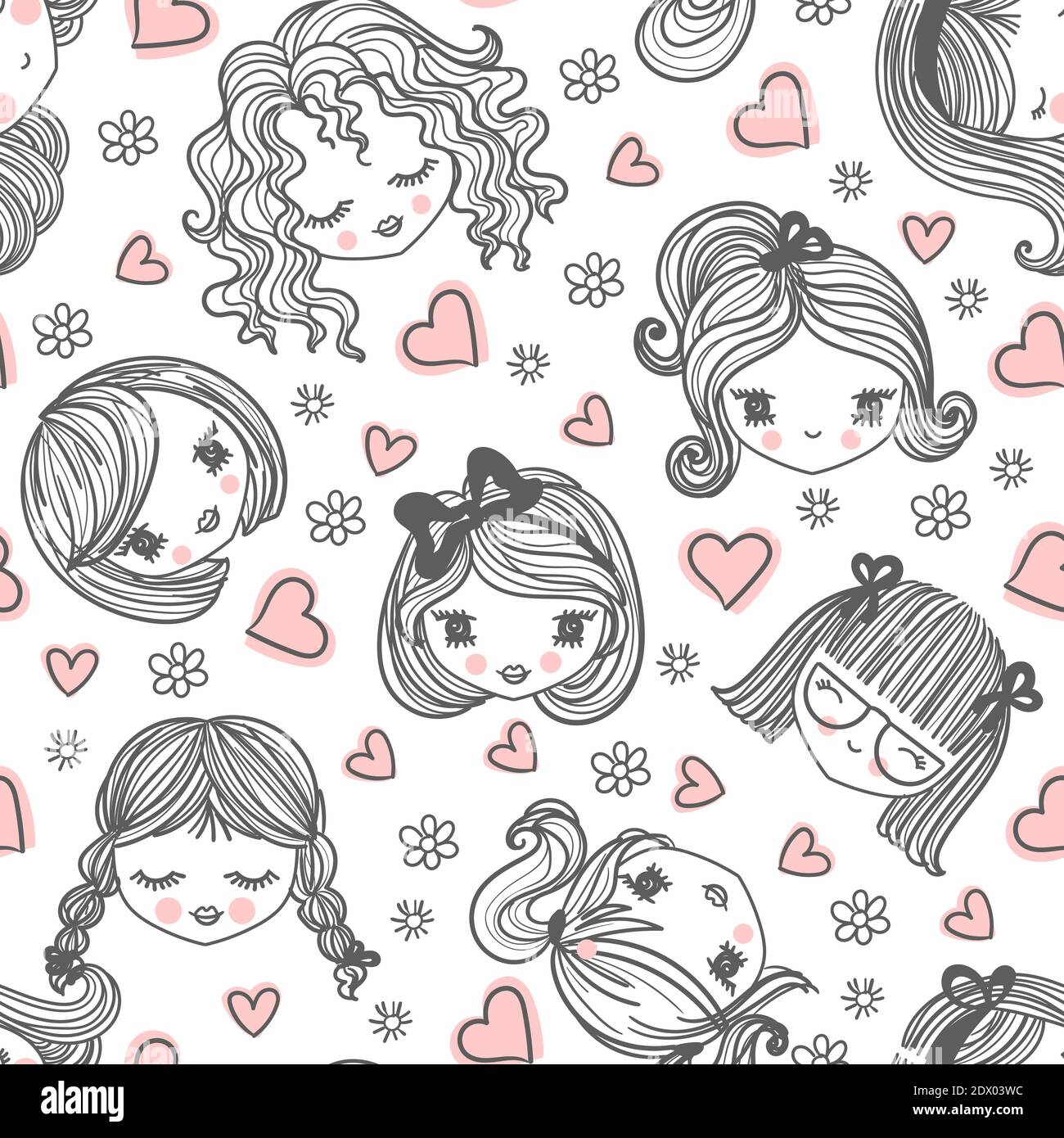 Seamless pattern, faces of girls on a white background. Doodle