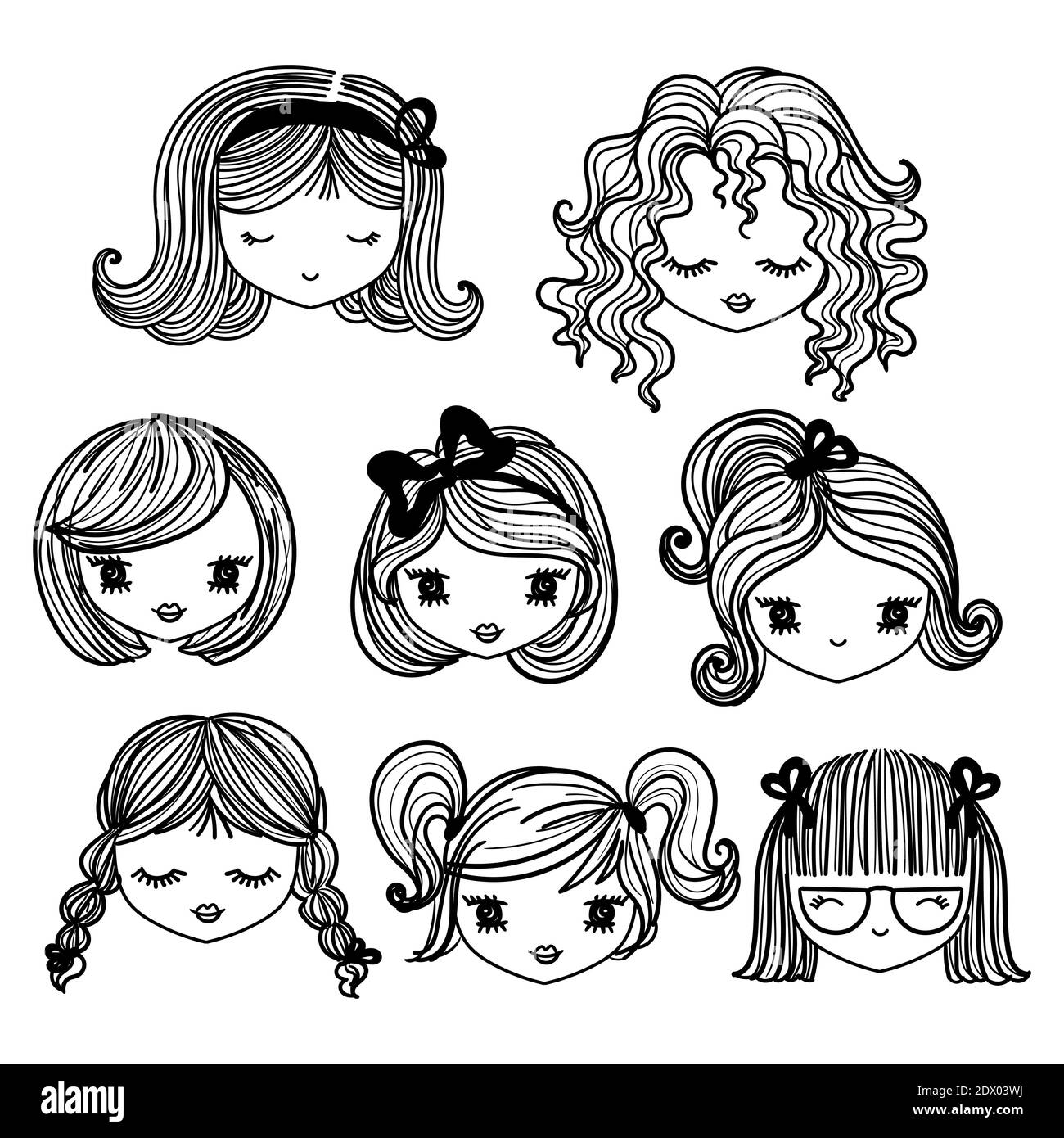 Set of girls faces with different hairstyles. Dull style. Hand drawn. Black and white. For the design of prints, posters, postcards, stickers, badges. Stock Vector