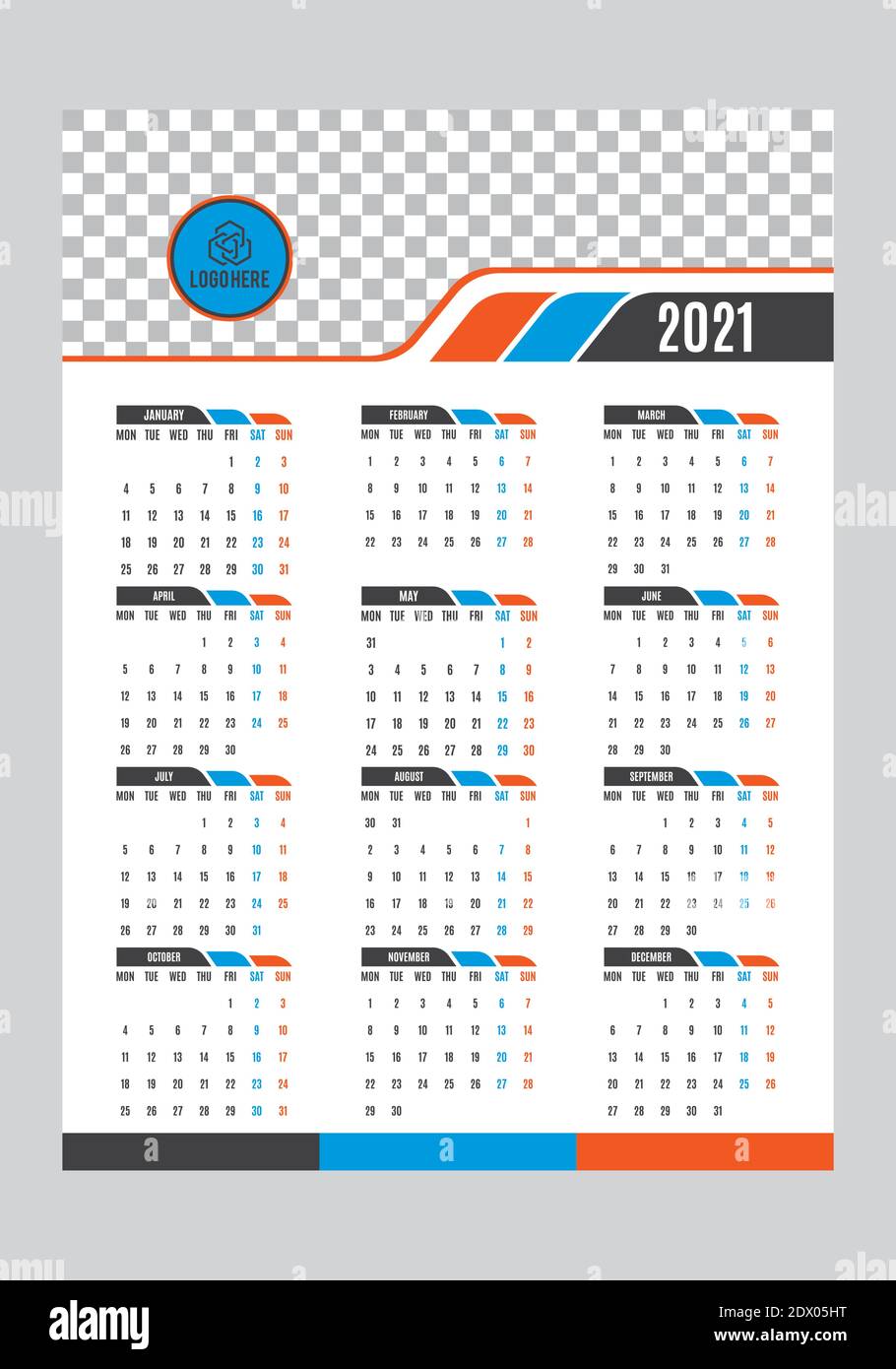 Simple calendar Layout for 2021 years. One page calendar Stock Vector