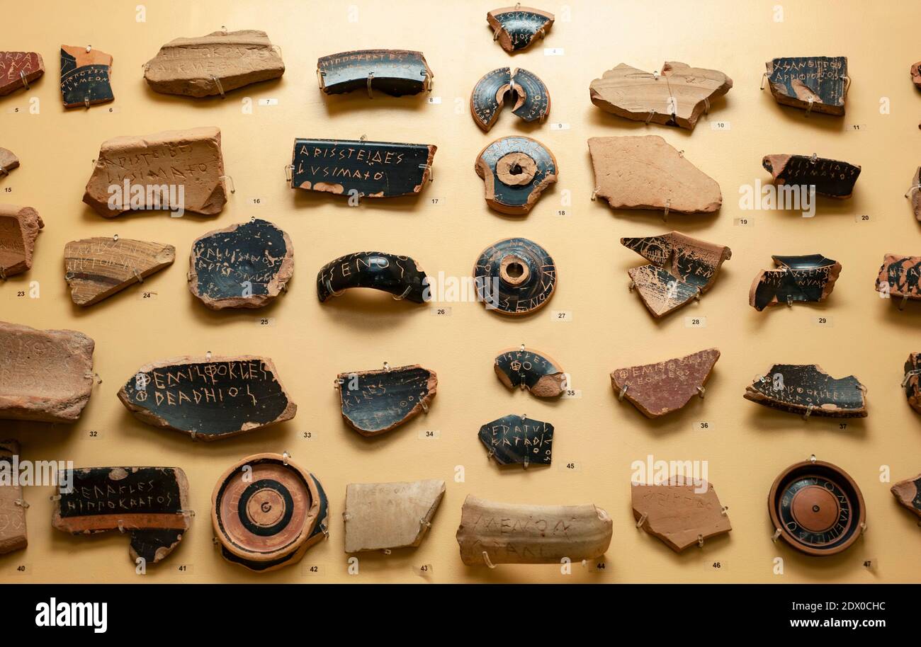 Ostracons with names on display in the Ancient Agora Museum in Athens, housed in the Stoa of Attalus, Athens, Greece Stock Photo