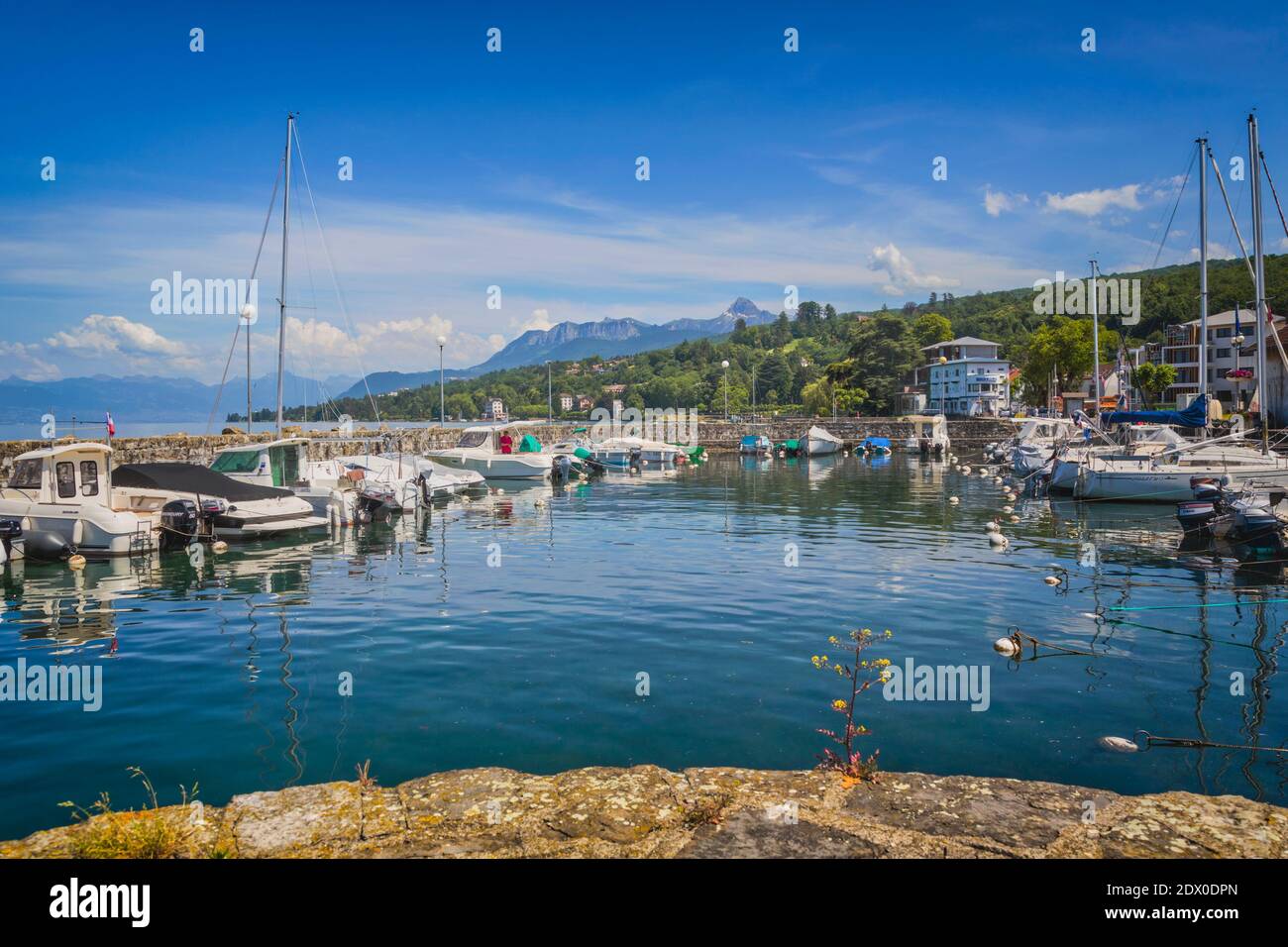 Evian-les-Bains, Haute-Savoie department, Rhone-Alpes,  France.  Pleasure craft in port on Lake Geneva (Lac Leman). Stock Photo