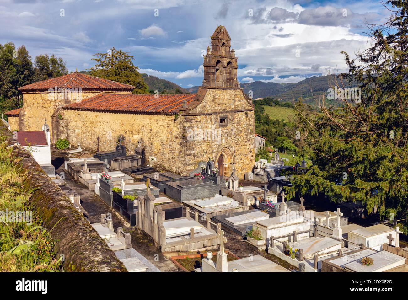 Church of San Martin de Salas, Salas, Asturias, Spain.  The church was consecrated in the 9th century.  Repairs and rebuilding, including a total rest Stock Photo