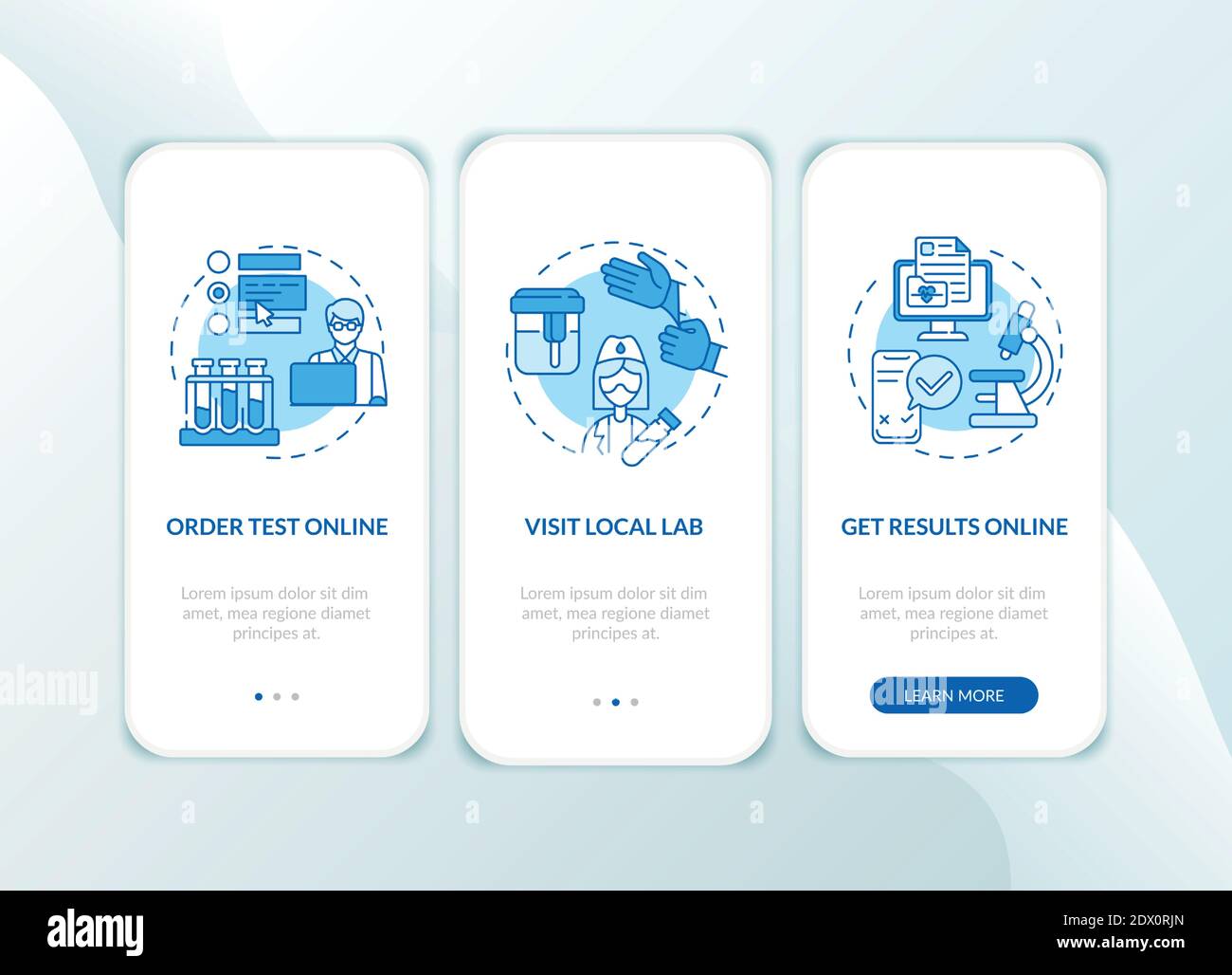 Lab test ordering steps onboarding mobile app page screen with concepts ...
