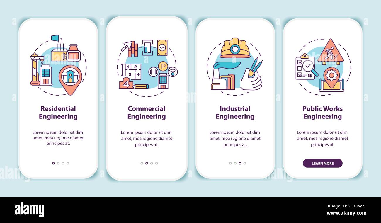 Industrial engineering onboarding mobile app page screen with concepts Stock Vector