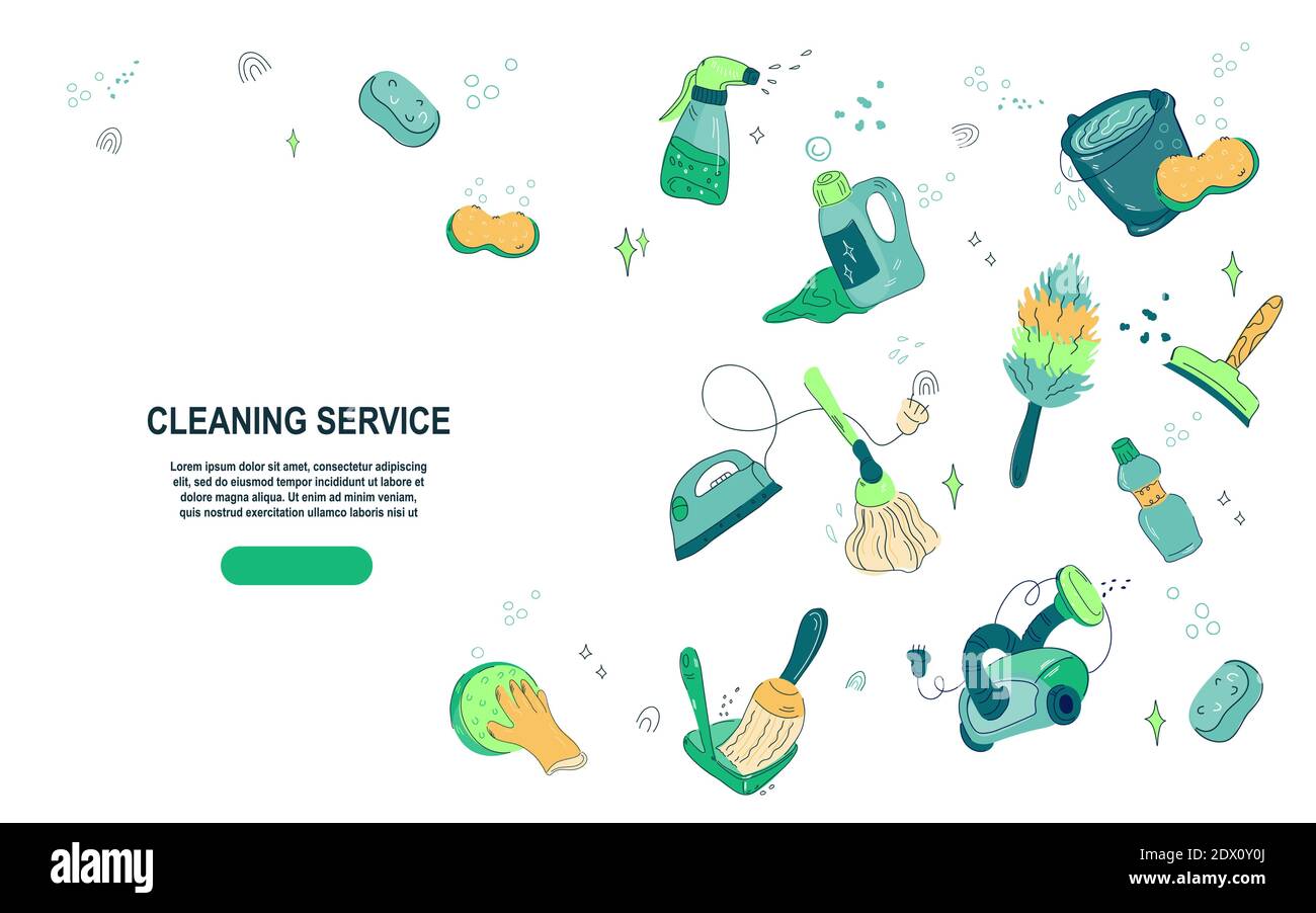 Cleaning service website banner template, doodle style cartoon vector ...
