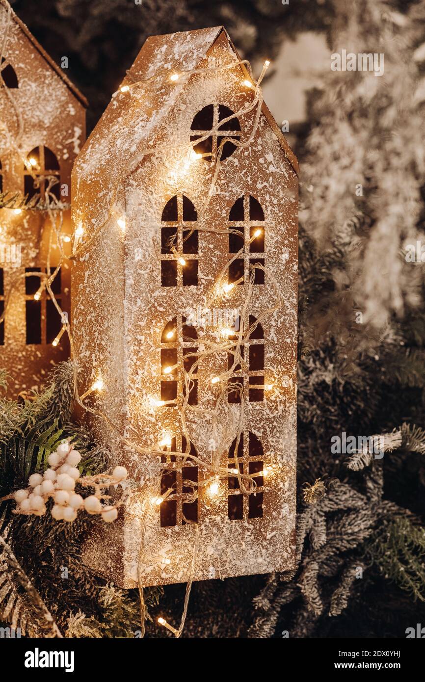 Beautiful Christmas house with lights. Stock Photo