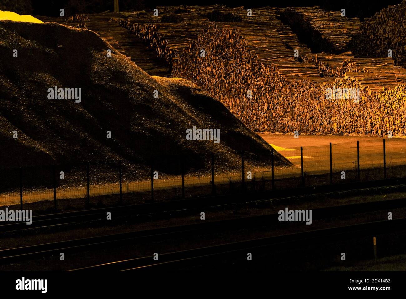 wooden logs stacked in a pile next to wood chips stacked in a large pile and all this is in a closed area with artificial lighting illuminated at nigh Stock Photo