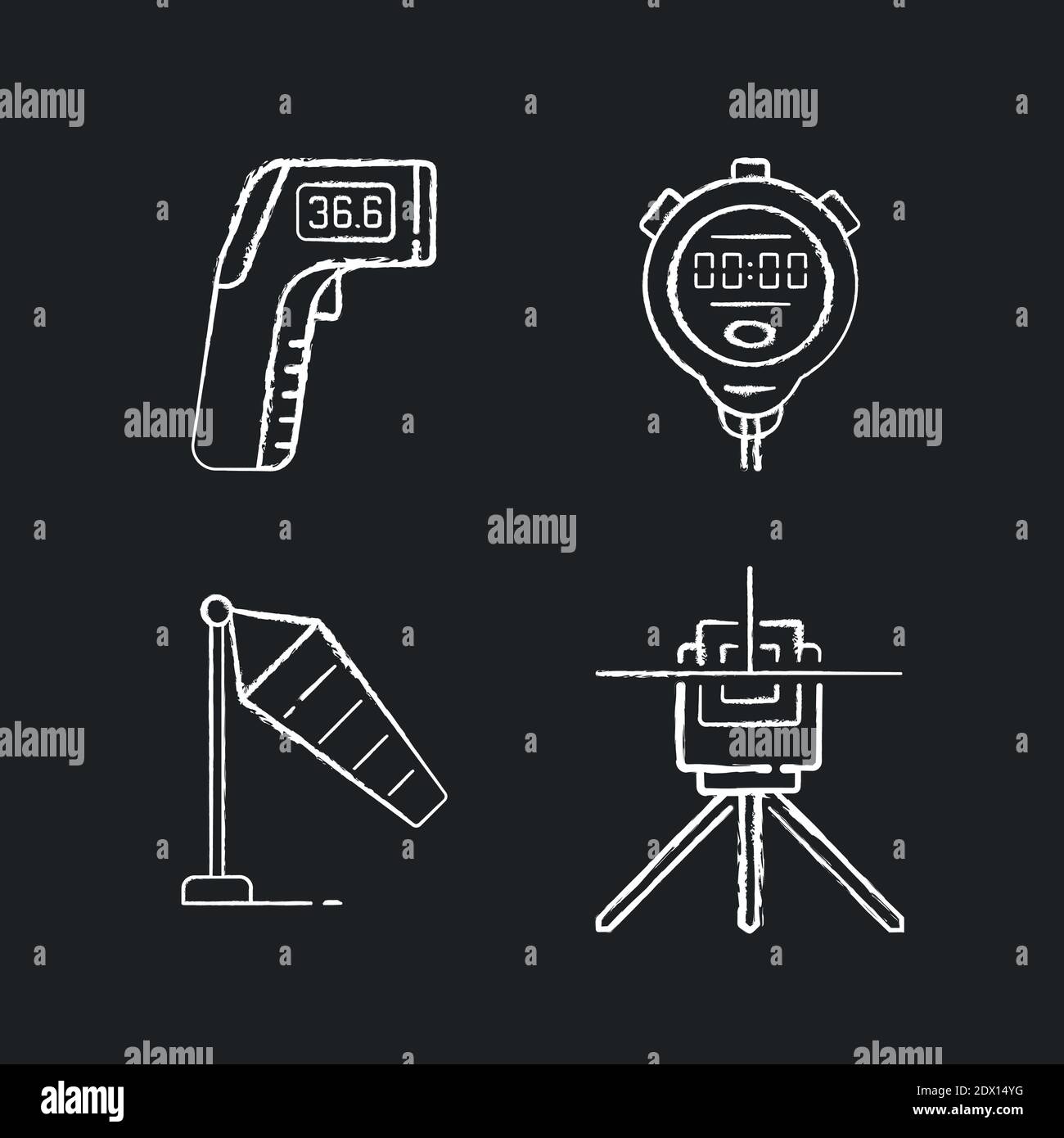 Measuring tools chalk white icons set on black background Stock Vector