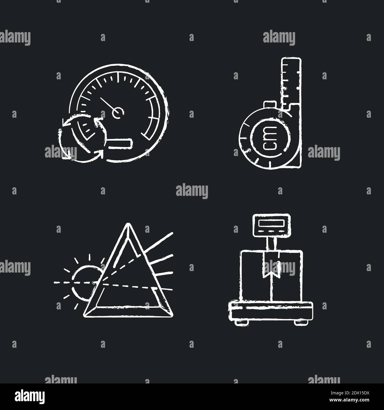 Measuring tools chalk white icons set on black background Stock Vector