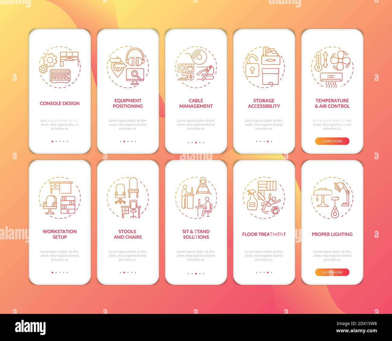 Workplace safety onboarding mobile app page screen with concepts set Stock Vector