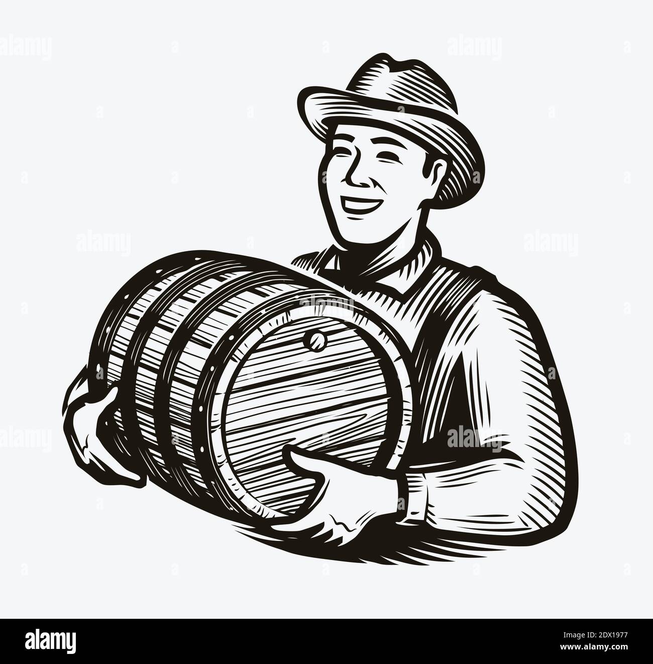 Farmer with wooden barrel of wine. Whiskey alcoholic drink sketch vintage vector illustration Stock Vector
