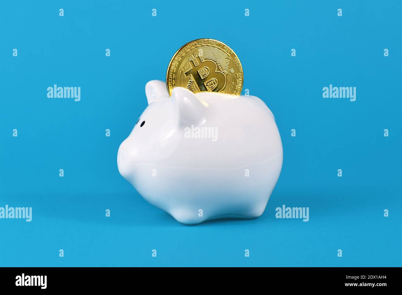 Golden crypto currency bitcoin in white piggy bank on blue background Stock Photo