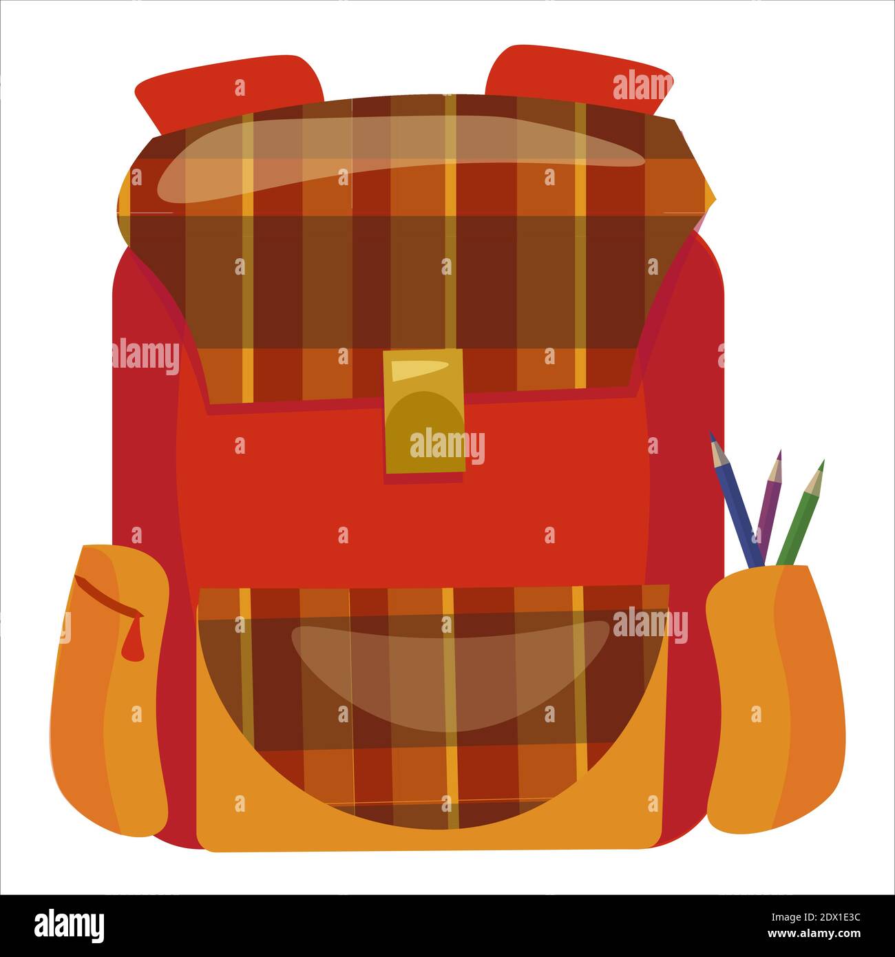 Vector red checkered school backpack with pencils Stock Vector