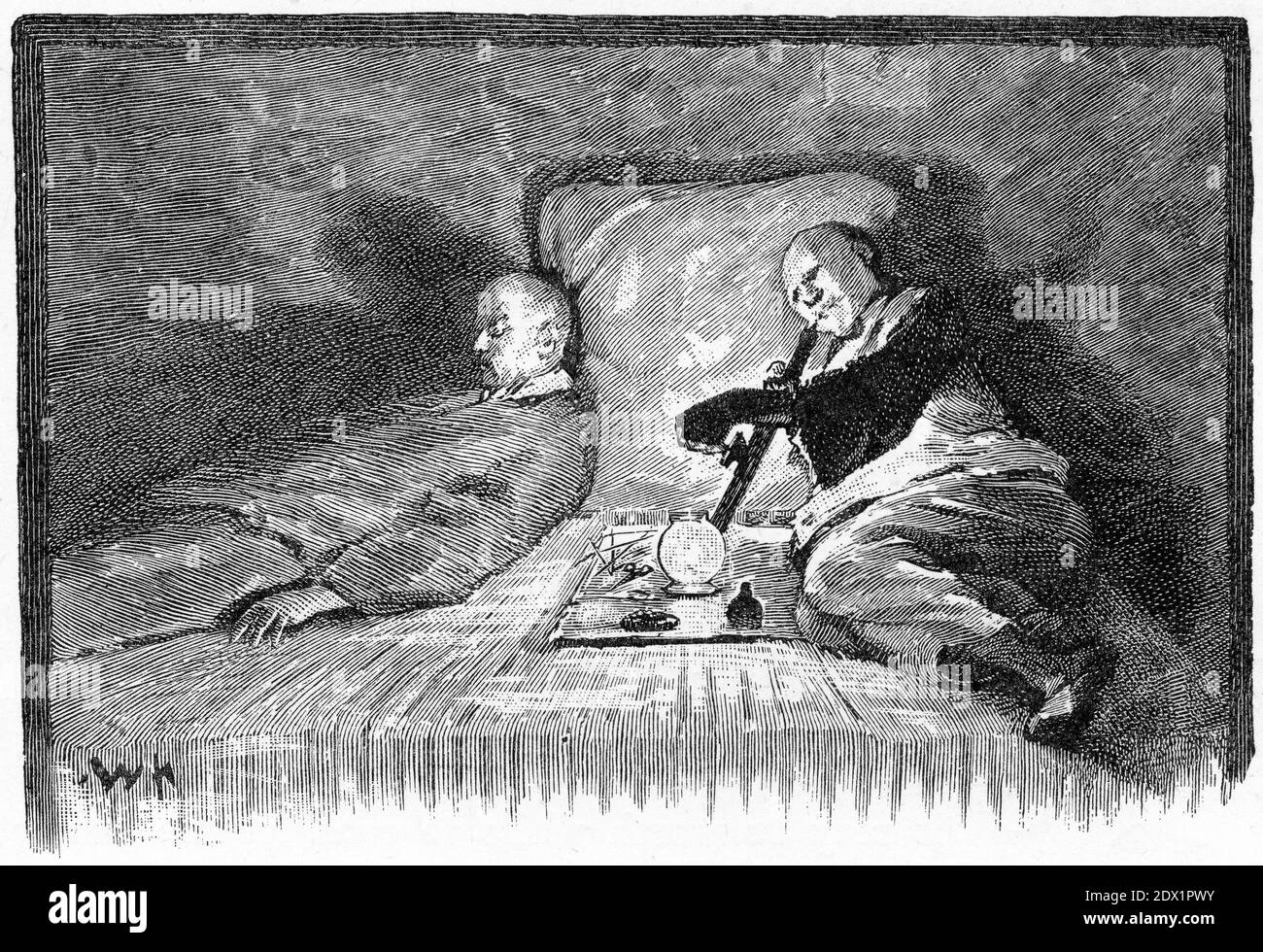 Engraving of chinese men smoking opium, circa 1890 Stock Photo