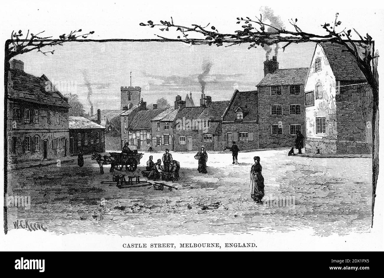 Engraving of Castle Street, Melbourne, England, circa 1890 Stock Photo