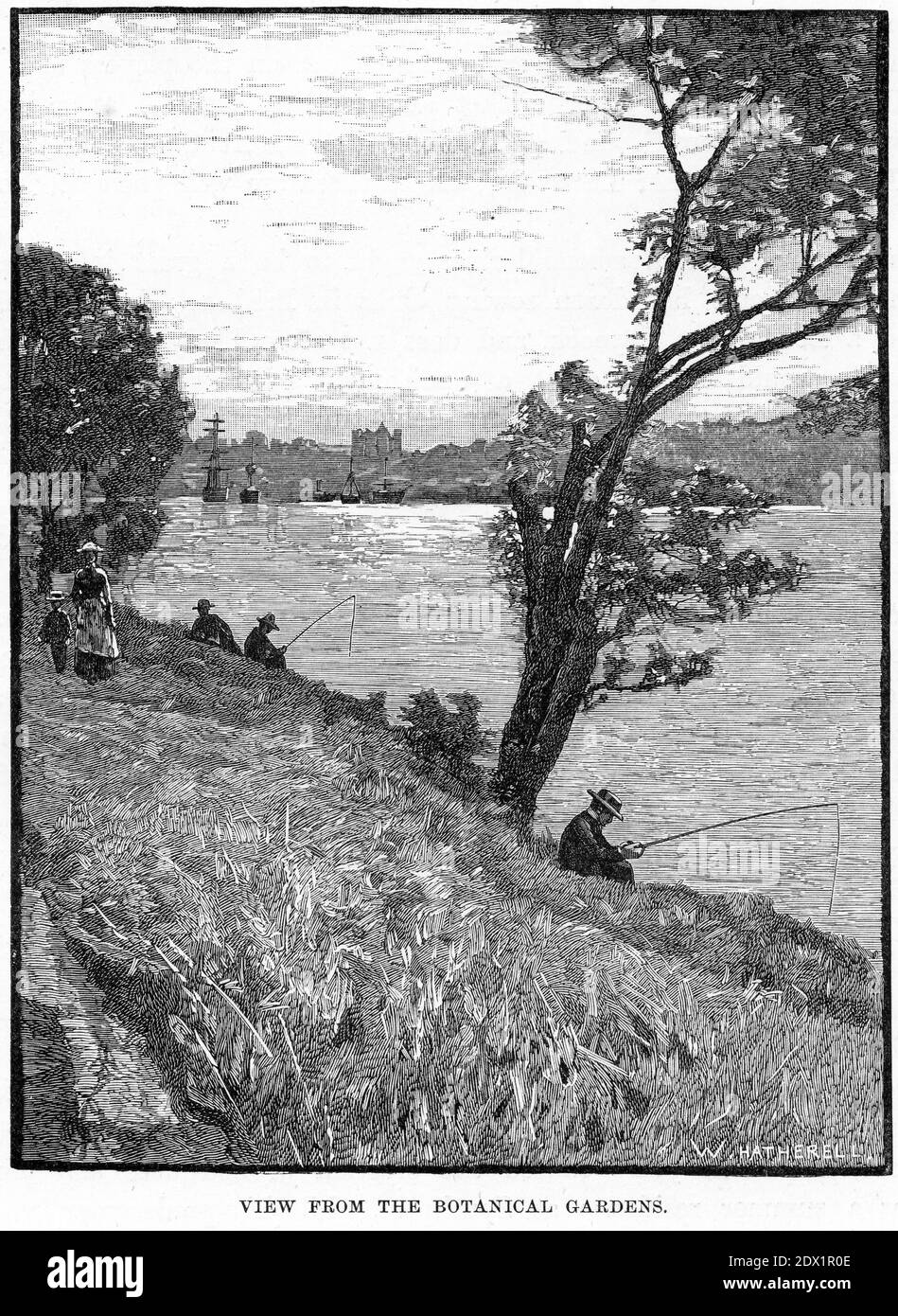 Engraving of a view from the botanical garden in Melbourne, Australia, circa 1890 Stock Photo