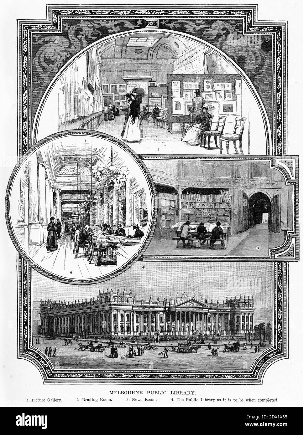 Engraving of several scenes of the Melbourne Library, Victoria, Australia, circa 1880 Stock Photo