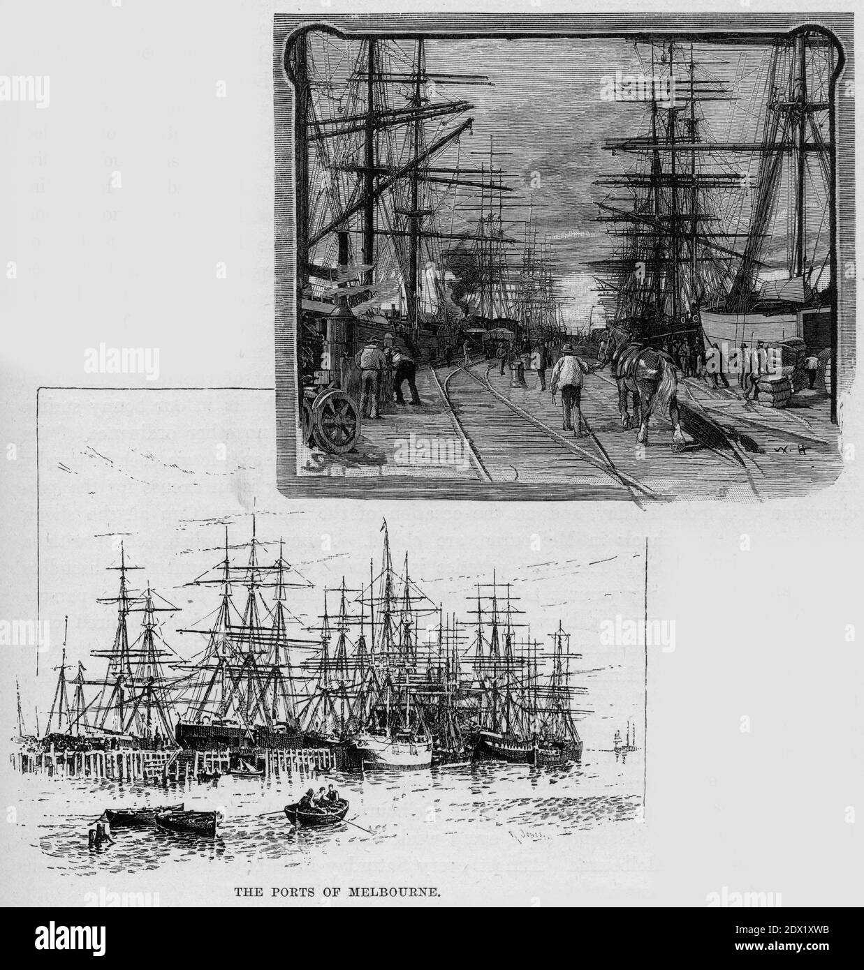 Engraving of the ports of Melbourne, Victoria, Australia, circa 1880 Stock Photo