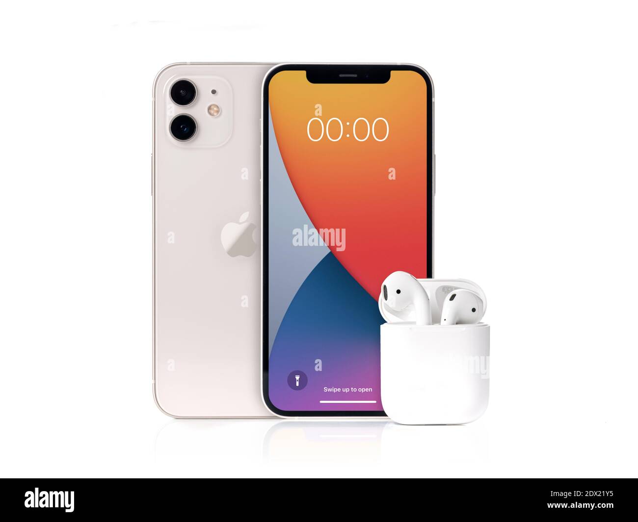 Antalya, Turkey - December 23, 2020: Front and Back view of new iPhone 12 white smartphone and Apple Airpods 2 headphone Stock Photo