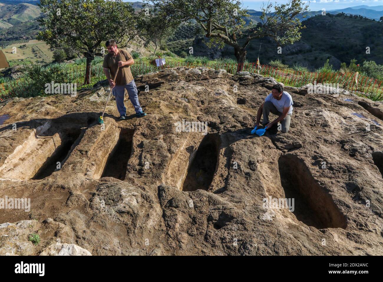 December 23, 2020: 23 December 2020 (Pizarra, Malaga) The team of archaeologists led by the doctor in Medieval History of the University of Malaga Virgilio MartÃ-nez Enamorado has been carrying out an excavation in Castillejos de Quintana in Pizarra for two months.The site could be an old Visigoth monastery city and Muslim whose life lasted between the 6th and 10th centuries and which could explain the transition from the Ancient to the Middle Ages - Two interventions are being made that will last several years due to their complexity, on the one hand in the Castillejos of Quintana and on the Stock Photo