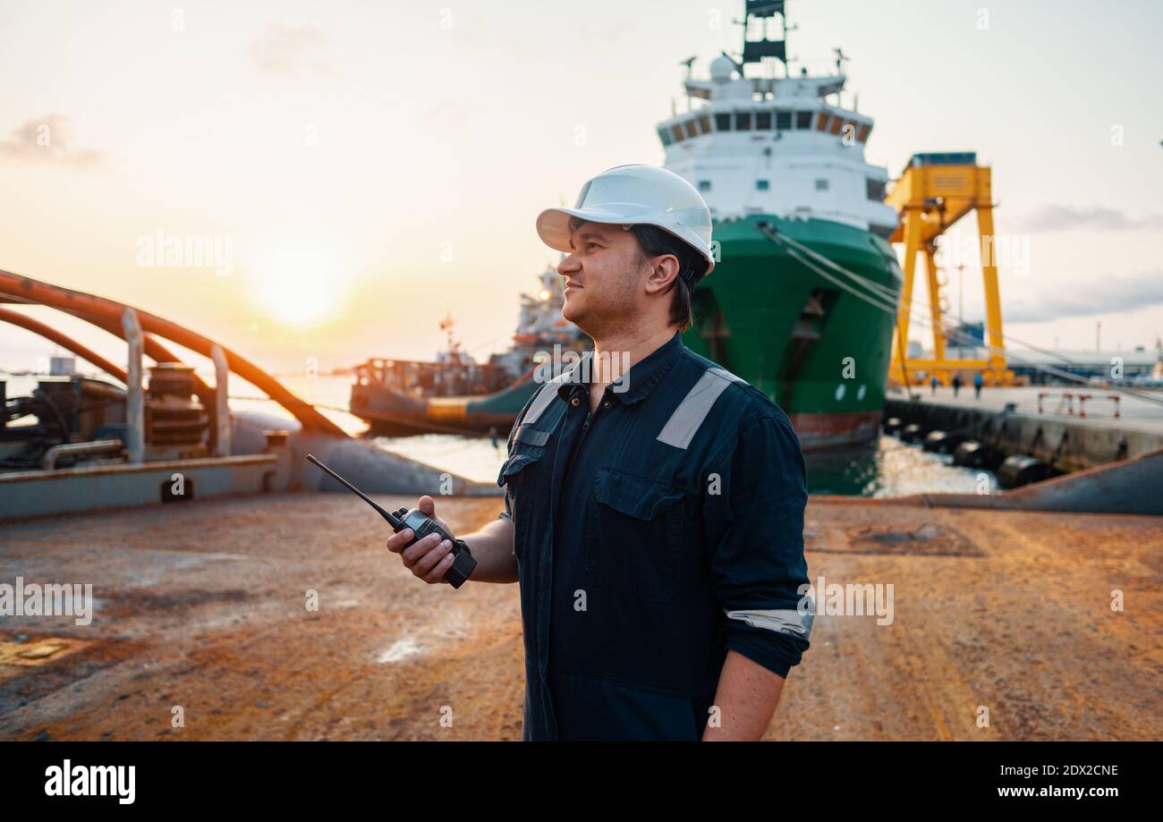 Marine Deck Officer or Chief mate on deck of offshore vessel or ship Stock Photo