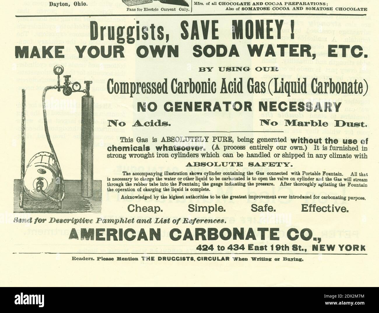 Antique June 1896 advertisement by American Carbonate Co of New York for pure “Compressed Carbonic Acid Gas (Liquid Carbonate)” in The Druggists Circular and Chemical Gazette. SOURCE: ORIGINAL ADVERTISEMENT Stock Photo