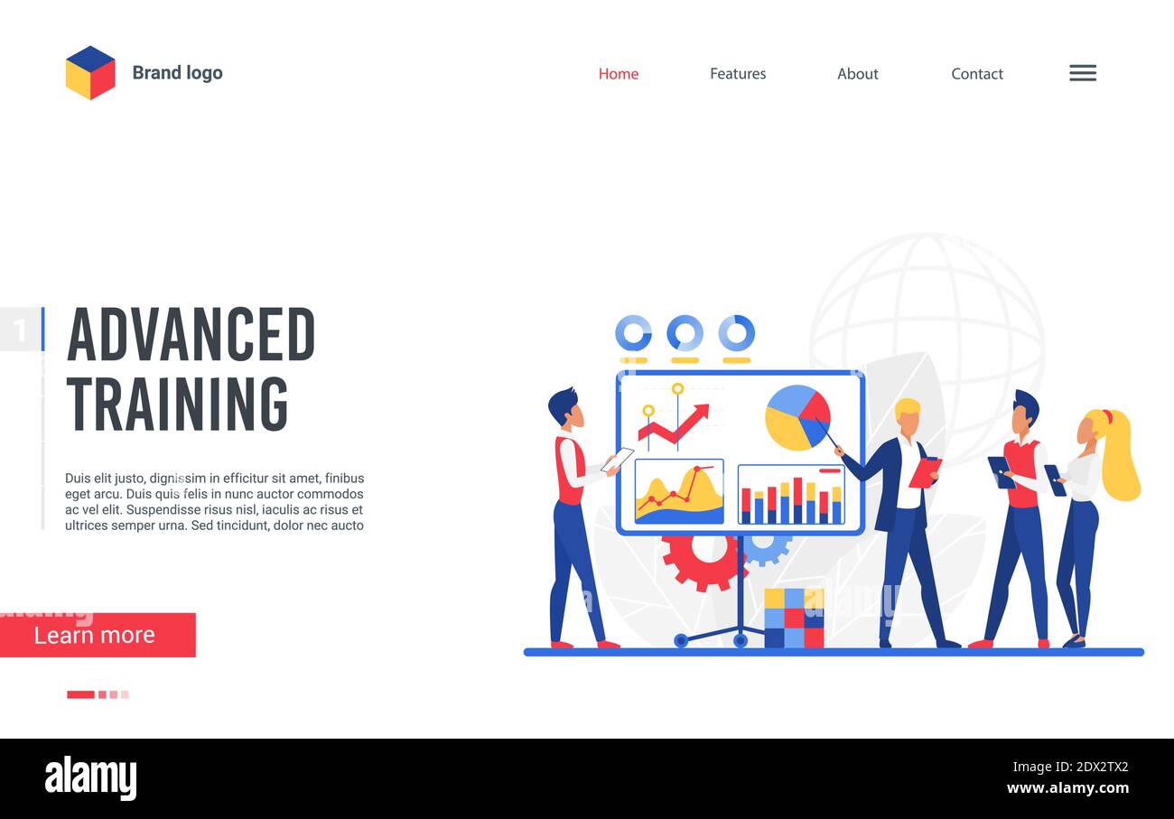 Website interface creative landing page design, cartoon flat businessman trainer teaching analytics business student people. Coursework education technology, training course vector illustration Stock Vector