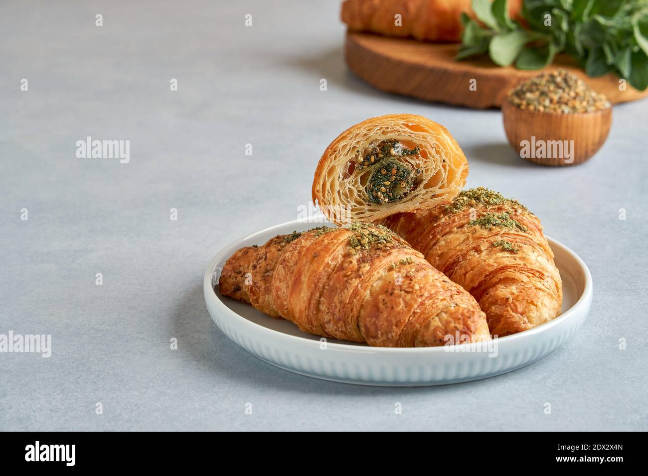 Croissants with zaatar. Closeup  , copy space Stock Photo