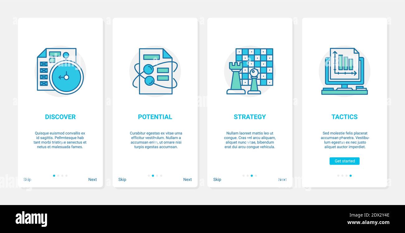 Business tactics strategy research vector illustration. UX, UI onboarding mobile app page screen set with line finding potential opportunities, successful strategic vision decisions, workflow planning Stock Vector