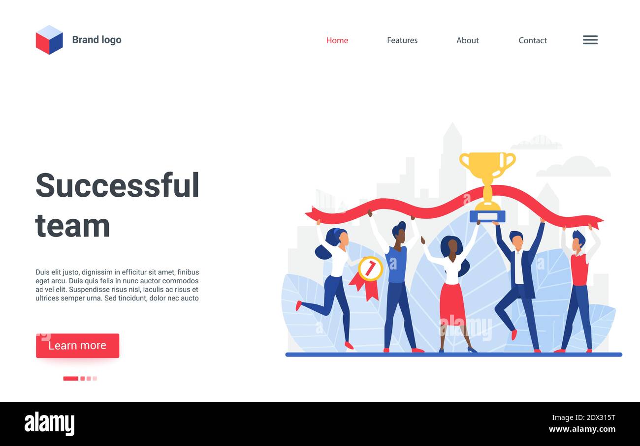 Website concept design, landing page with cartoon flat happy winner business people holding golden prize cup together, celebrating win successful teamwork. Business team success vector illustration Stock Vector