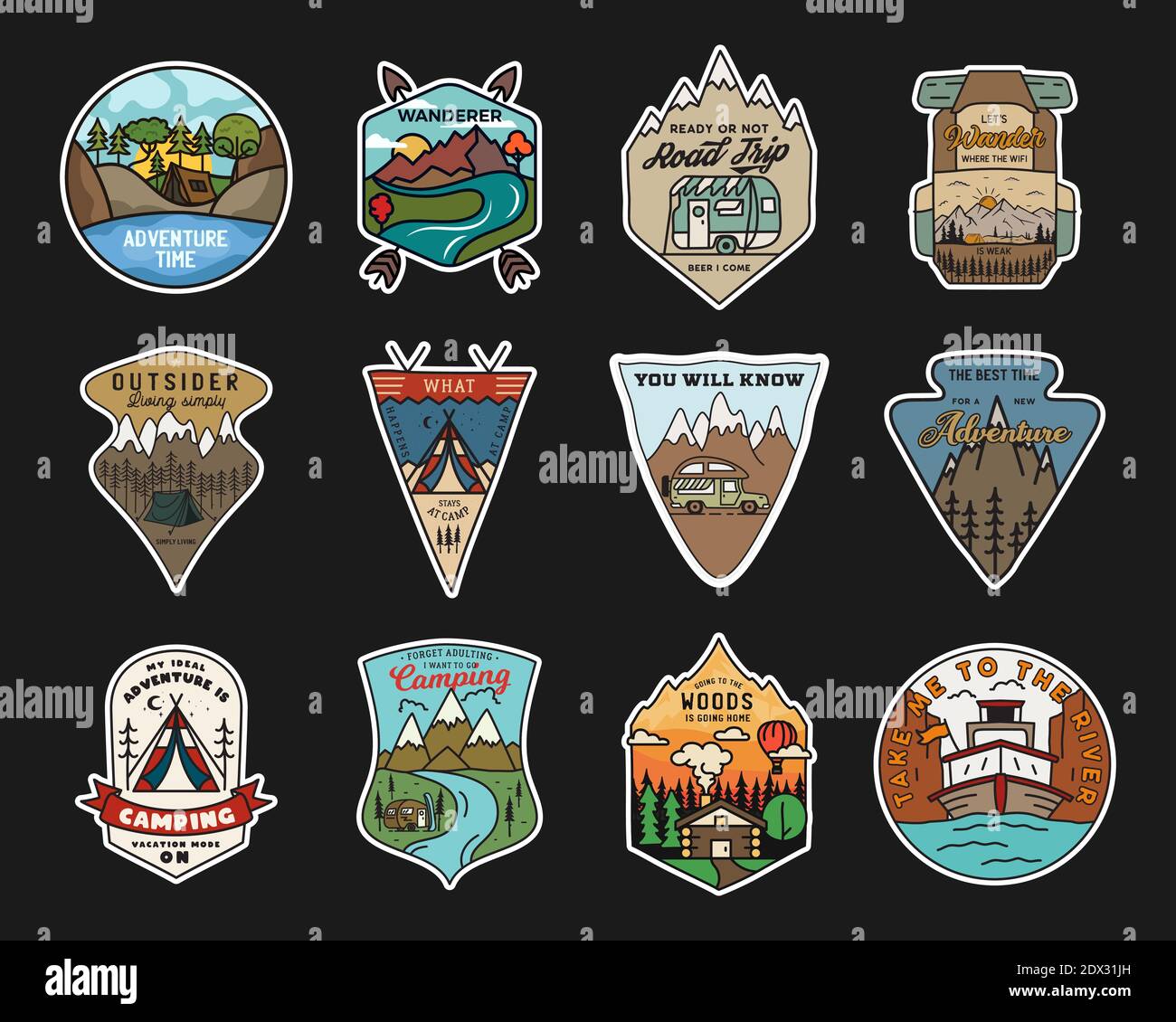 Camping adventure stickers design bundle. Travel hand drawn emblems ...