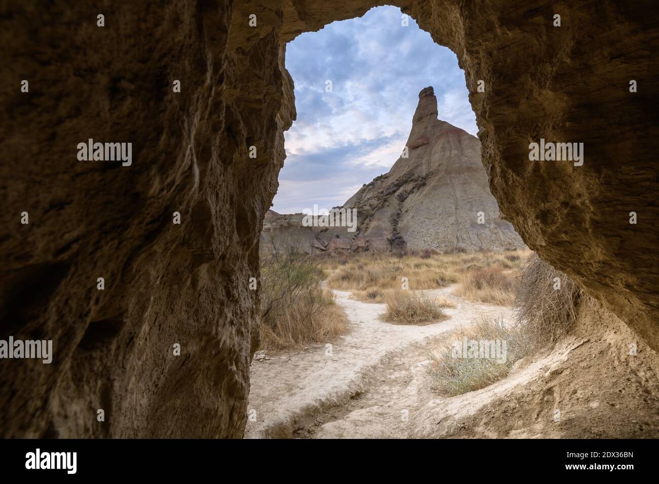 Castildetierra sandstone seen from a cave at Bardenas Reales, Navarre, Spain Stock Photo