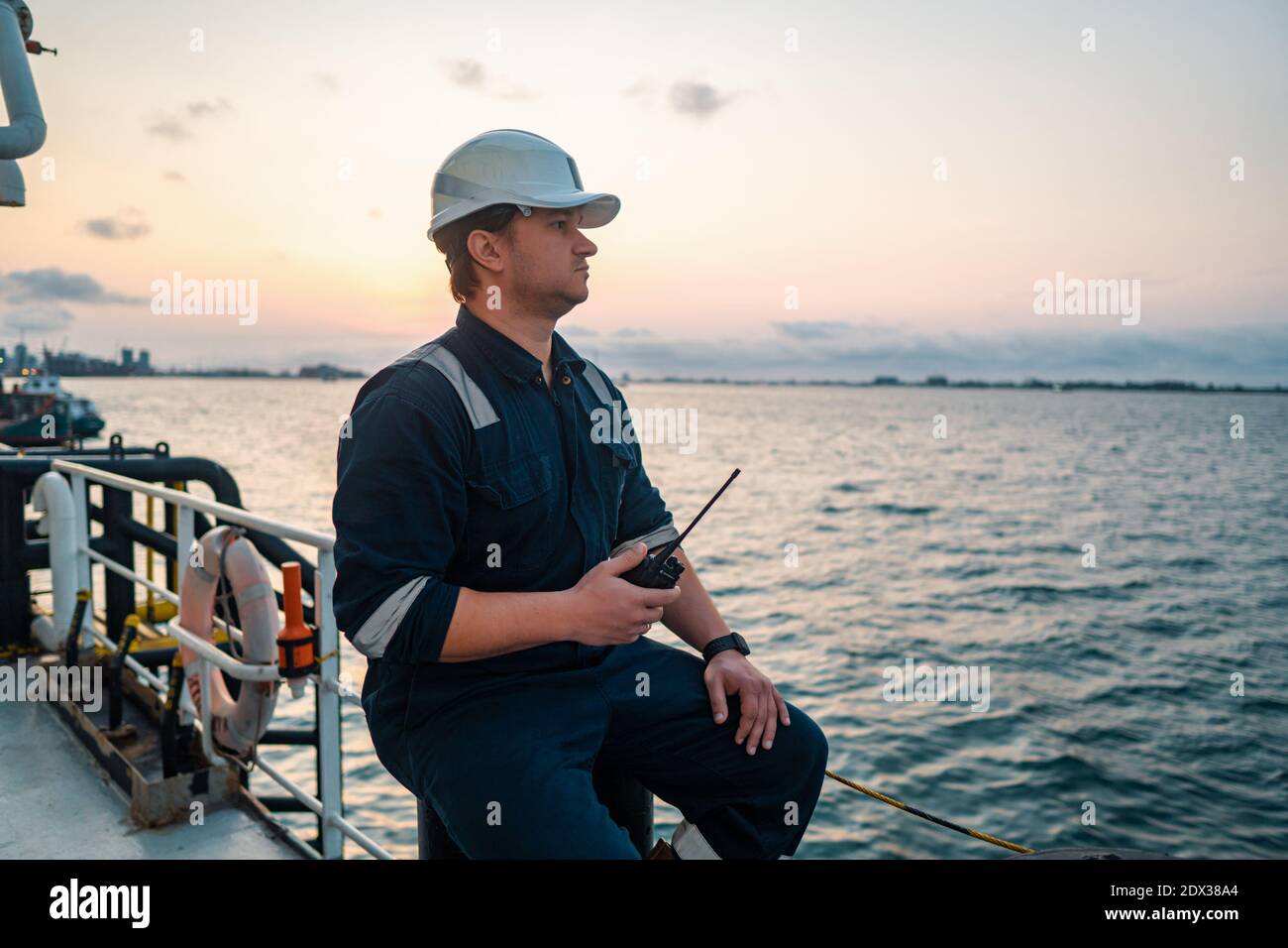 Marine Deck Officer or Chief mate on deck of offshore vessel or ship Stock Photo