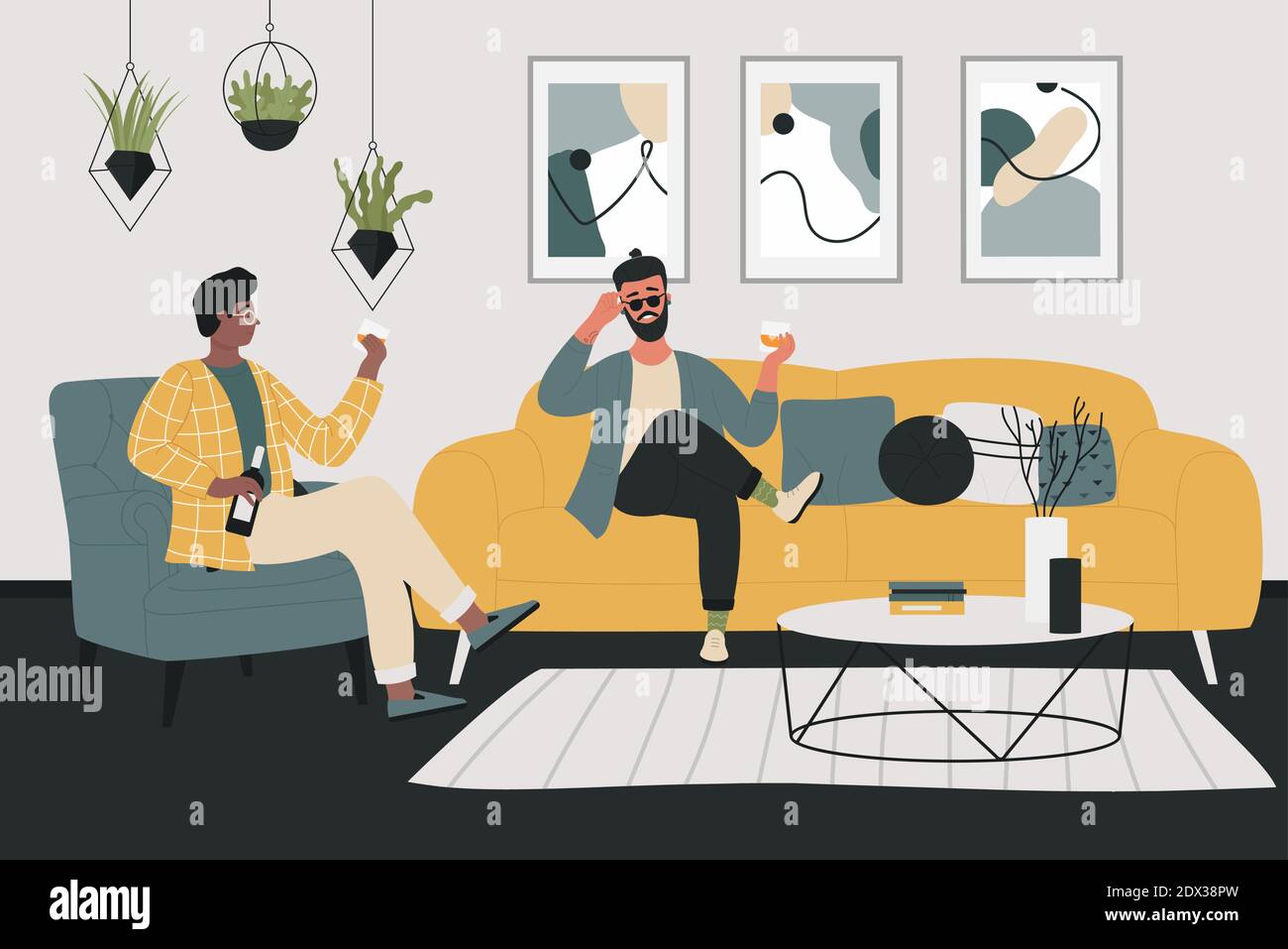 Friends conversation vector illustration. Cartoon happy man friend  characters sitting on sofa in home living room interior, people drink  alcohol beverage and chatting, male friendship background Stock Vector  Image & Art -