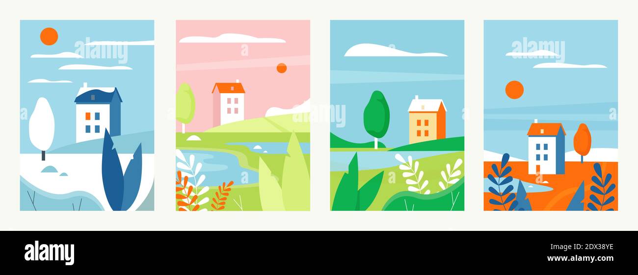 Nature landscape with houses in different seasons vector illustration set. Cartoon vertical simple minimalist landscape design, rural countryside scenes, farm houses in summer autumn winter spring Stock Vector