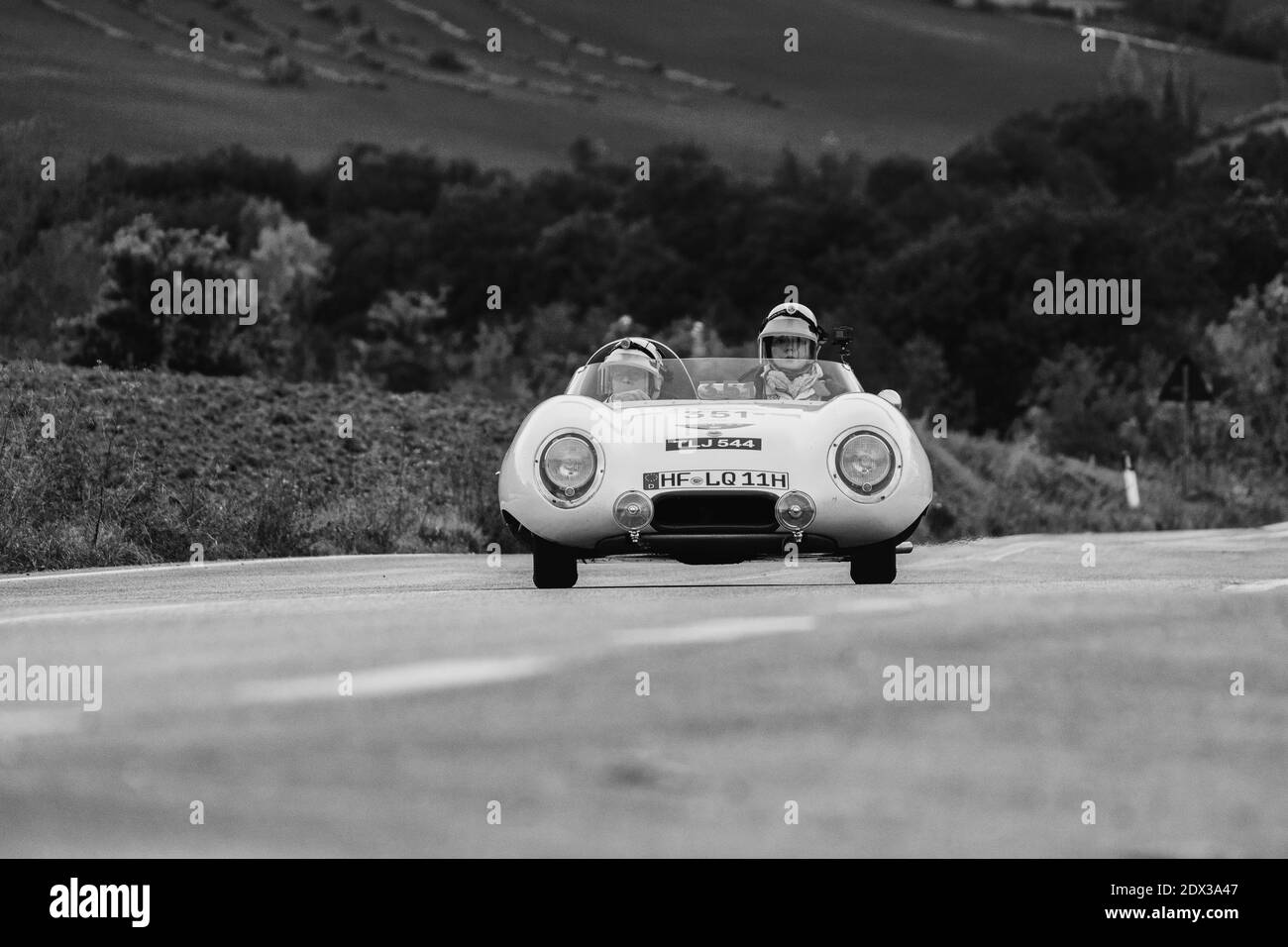 CAGLI , ITALY - OTT 24 - 2020 : LOTUS ELEVEN COVENTRY CLIMAX 1100 1956 on an old racing car in rally Mille Miglia 2020 the famous italian historical r Stock Photo