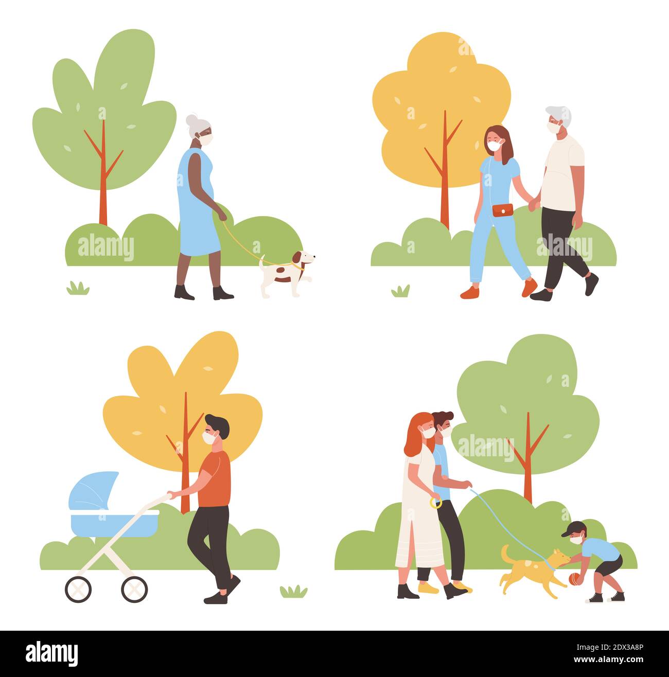 People walk in city park vector illustration set. Cartoon active family characters walking together, playing with dog pet, wearing face medical protective mask, weekend activity isolated on white Stock Vector