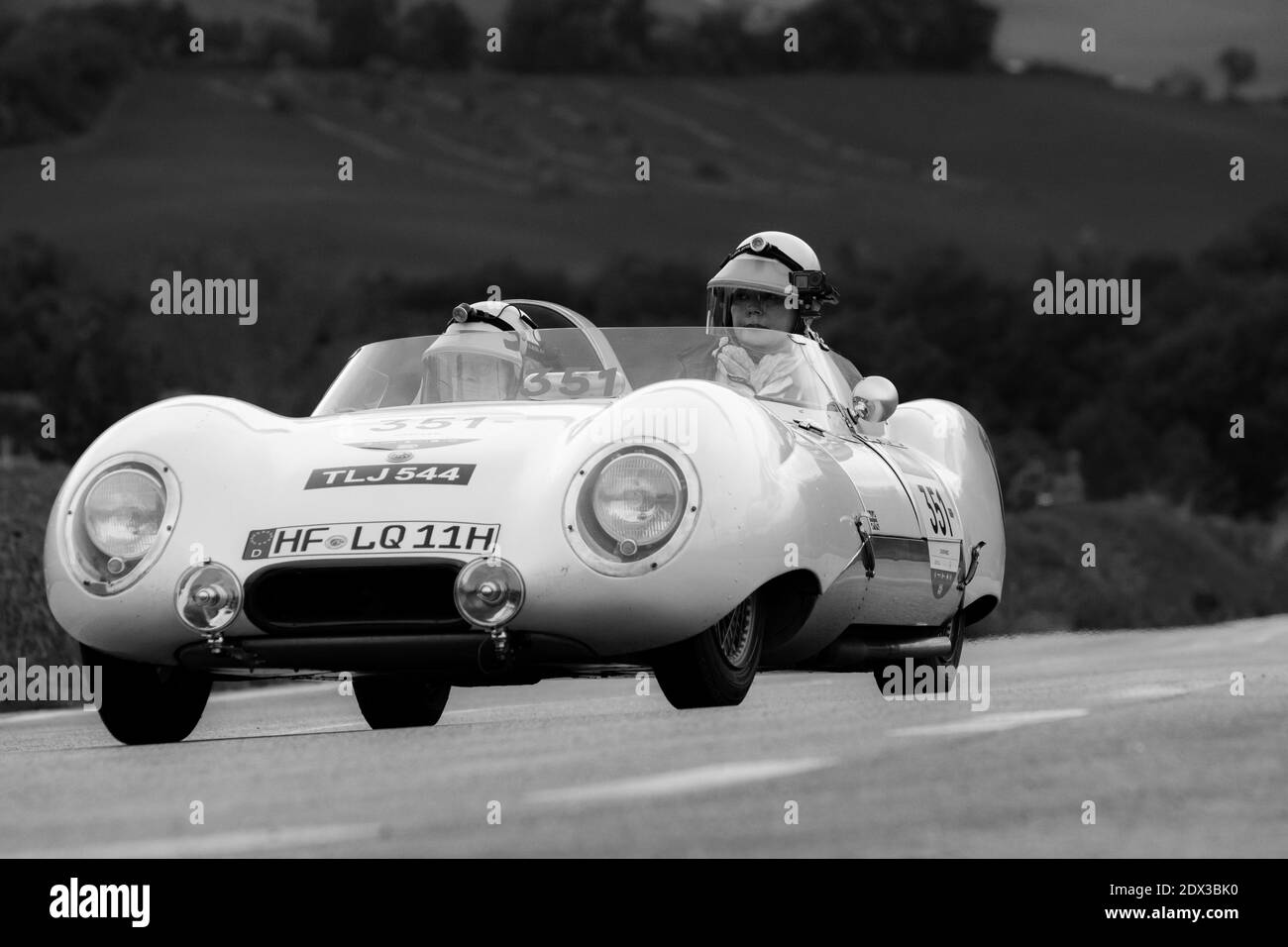 CAGLI , ITALY - OTT 24 - 2020 : LOTUS ELEVEN COVENTRY CLIMAX 1100 1956 on an old racing car in rally Mille Miglia 2020 the famous italian historical r Stock Photo