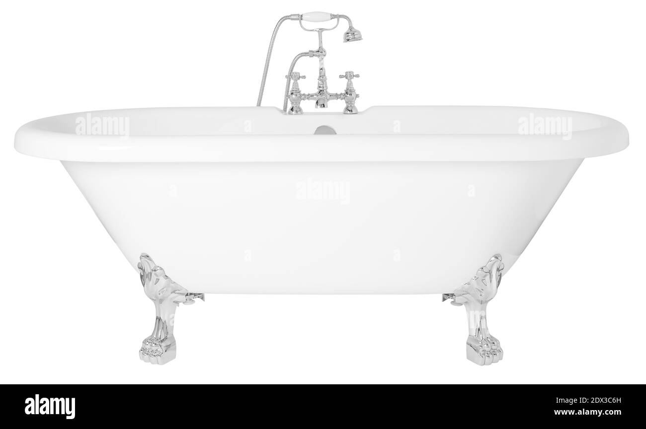 A modern white clawfoot bathtub with a stainless metal faucet isolated