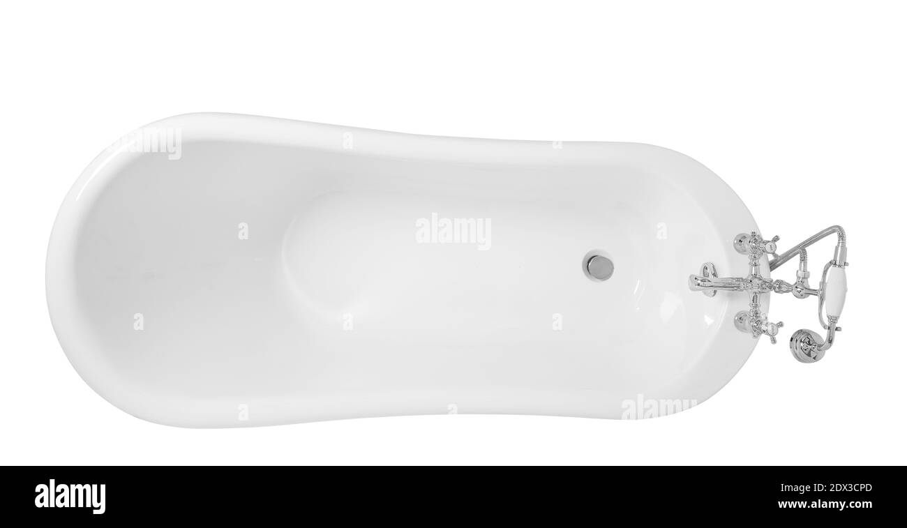 A top view of a modern white bathtub with a stainless metal faucet isolated on a white background Stock Photo