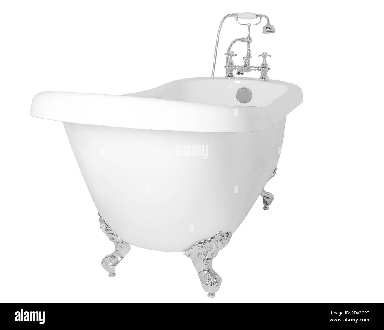 A modern white clawfoot bathtub with a stainless metal faucet isolated