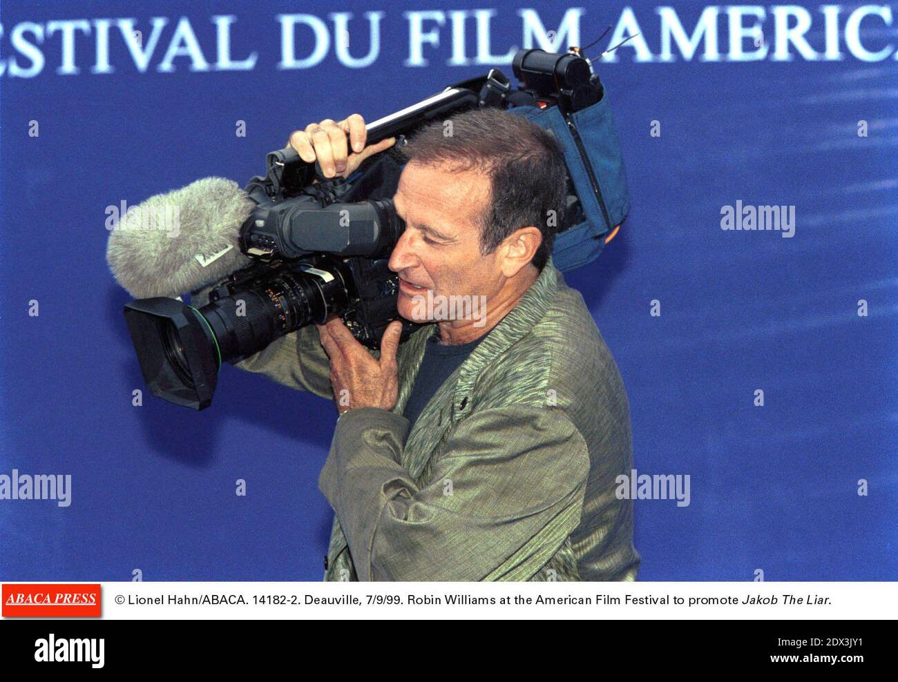 US actor Robin Williams has been found dead, aged 63, in an apparent suicide, California police say Monday August 11, 2014. Marin County Police said he was pronounced dead at his home shortly after officials responded to an emergency call around noon local time. Williams was famous for films such as Good Morning Vietnam and Dead Poets Society and won an Oscar for his role in Good Will Hunting; File photo : © Lionel Hahn/ABACA. 14182-2. Deauville, 7/9/99. Robin Williams at the American Film Festival to promote Jakob The Liar. Stock Photo