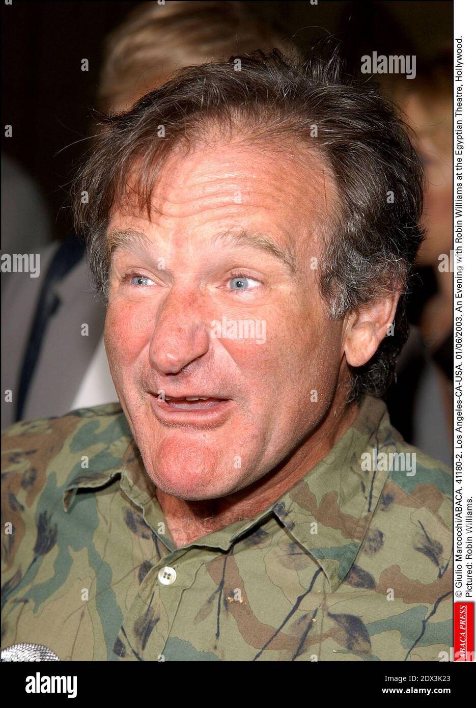 US actor Robin Williams has been found dead, aged 63, in an apparent suicide, California police say Monday August 11, 2014. Marin County Police said he was pronounced dead at his home shortly after officials responded to an emergency call around noon local time. Williams was famous for films such as Good Morning Vietnam and Dead Poets Society and won an Oscar for his role in Good Will Hunting; File photo : © Giulio Marcocchi/ABACA. 41180-2. Los Angeles-CA-USA. 01/06/2003. An evening at The American Cinematheque with Robin William for his film One Hour Photo. Pictured: Robin Williams. Stock Photo