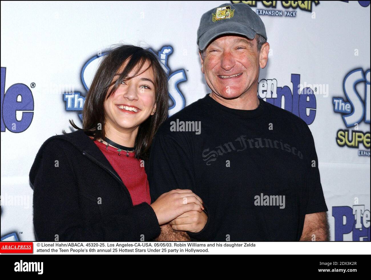 US actor Robin Williams has been found dead, aged 63, in an apparent suicide, California police say Monday August 11, 2014. Marin County Police said he was pronounced dead at his home shortly after officials responded to an emergency call around noon local time. Williams was famous for films such as Good Morning Vietnam and Dead Poets Society and won an Oscar for his role in Good Will Hunting; File photo : © Lionel Hahn/ABACA. 45320-25. Los Angeles-CA-USA. 05/05/03. Robin Williams and his daughter Zelda attend the Teen People's 6th annual 25 Hottest Stars Under 25 party in Hollywood. Stock Photo