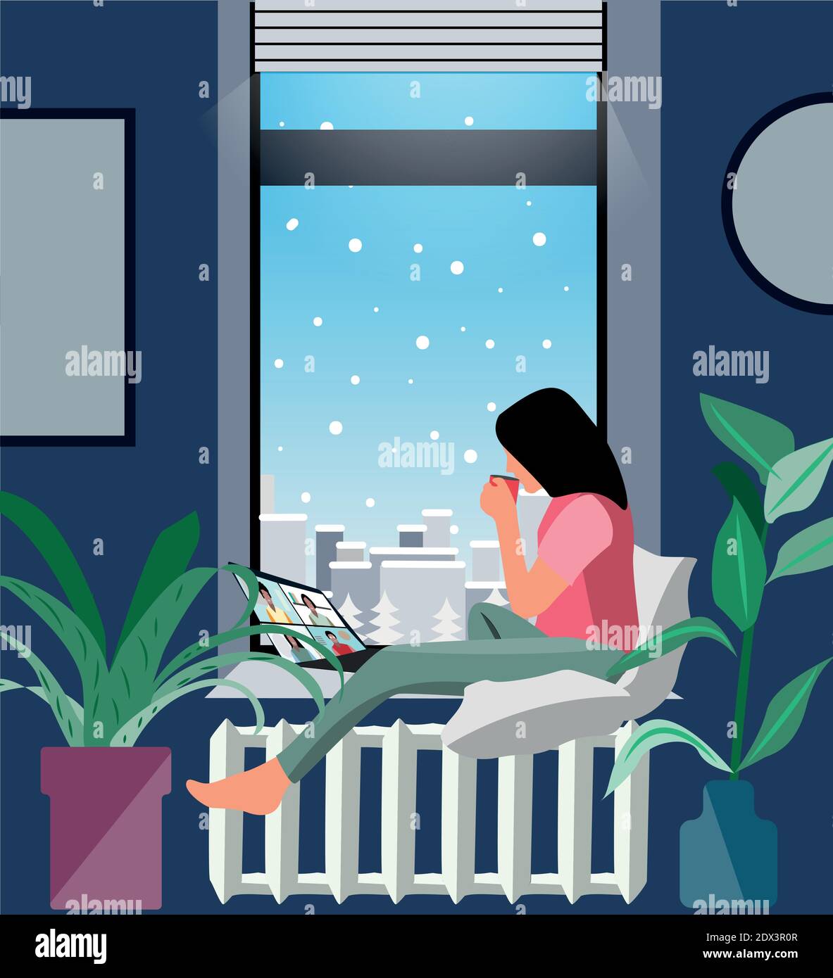 Work at home cozy winter interior workspace editable vector illustration Stock Vector