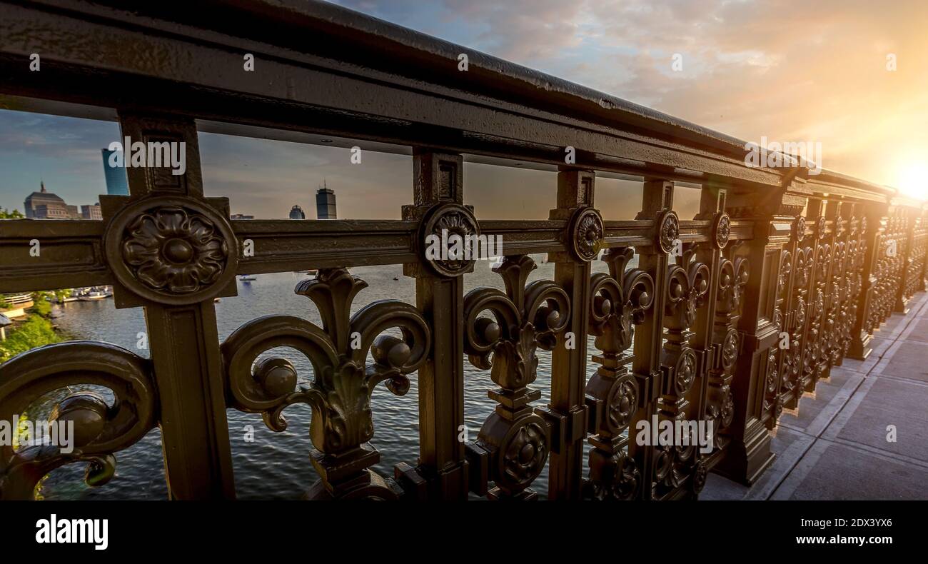 Panoramic view of Boston downtown and historic center from the landmark Longfellow bridge over Charles River. Stock Photo