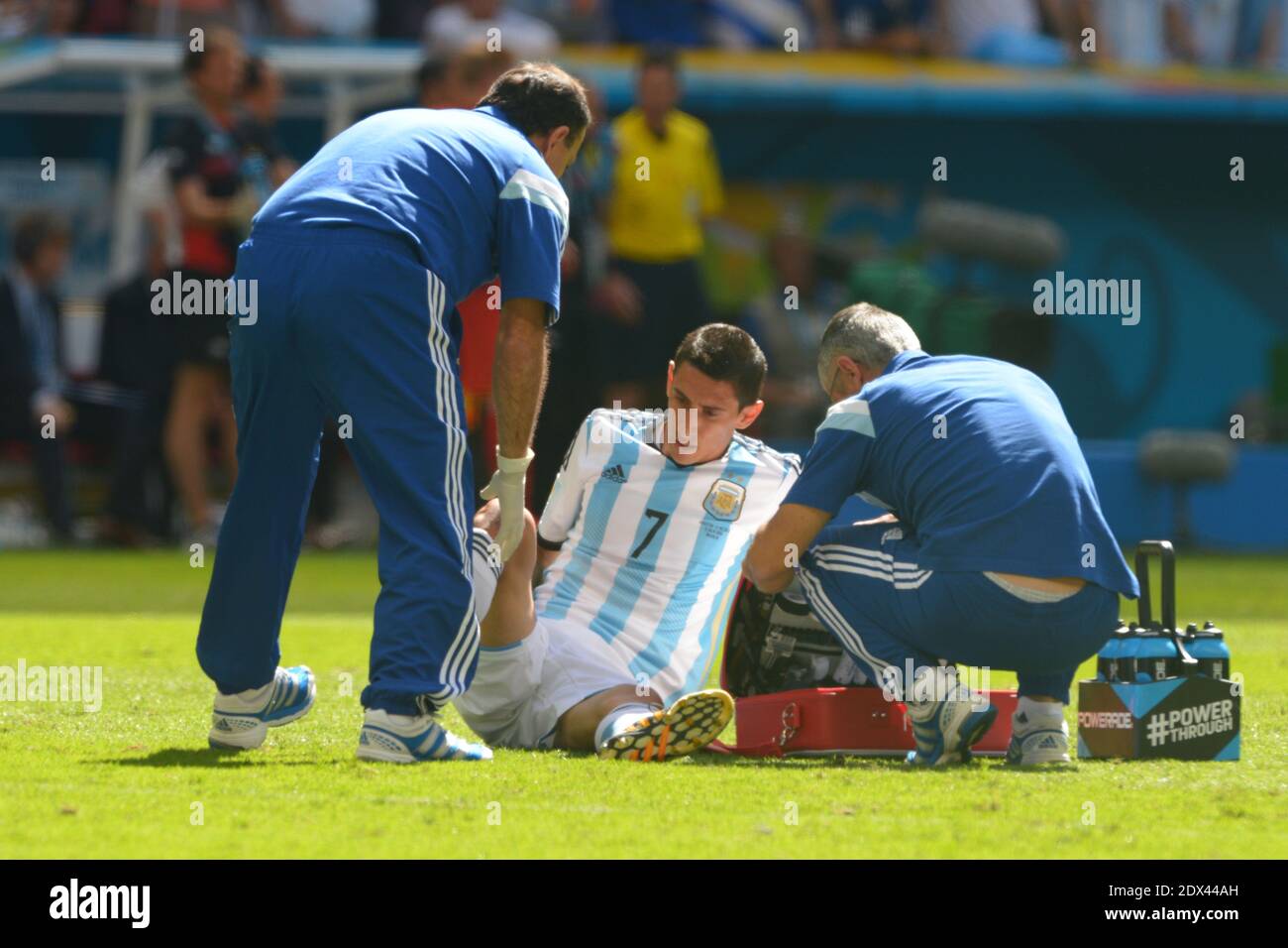 Argentina's Angel Di Maria was wounded in Soccer World Cup 2014 1/4 of Final round match Argentina vs Belgium At Mane Garrincha National Stadium, Brasilia, Brazil on July 4, 2014. Argentine won 1-0 . Photo by Henri Szwarc/ABACAPRESS.COM Stock Photo