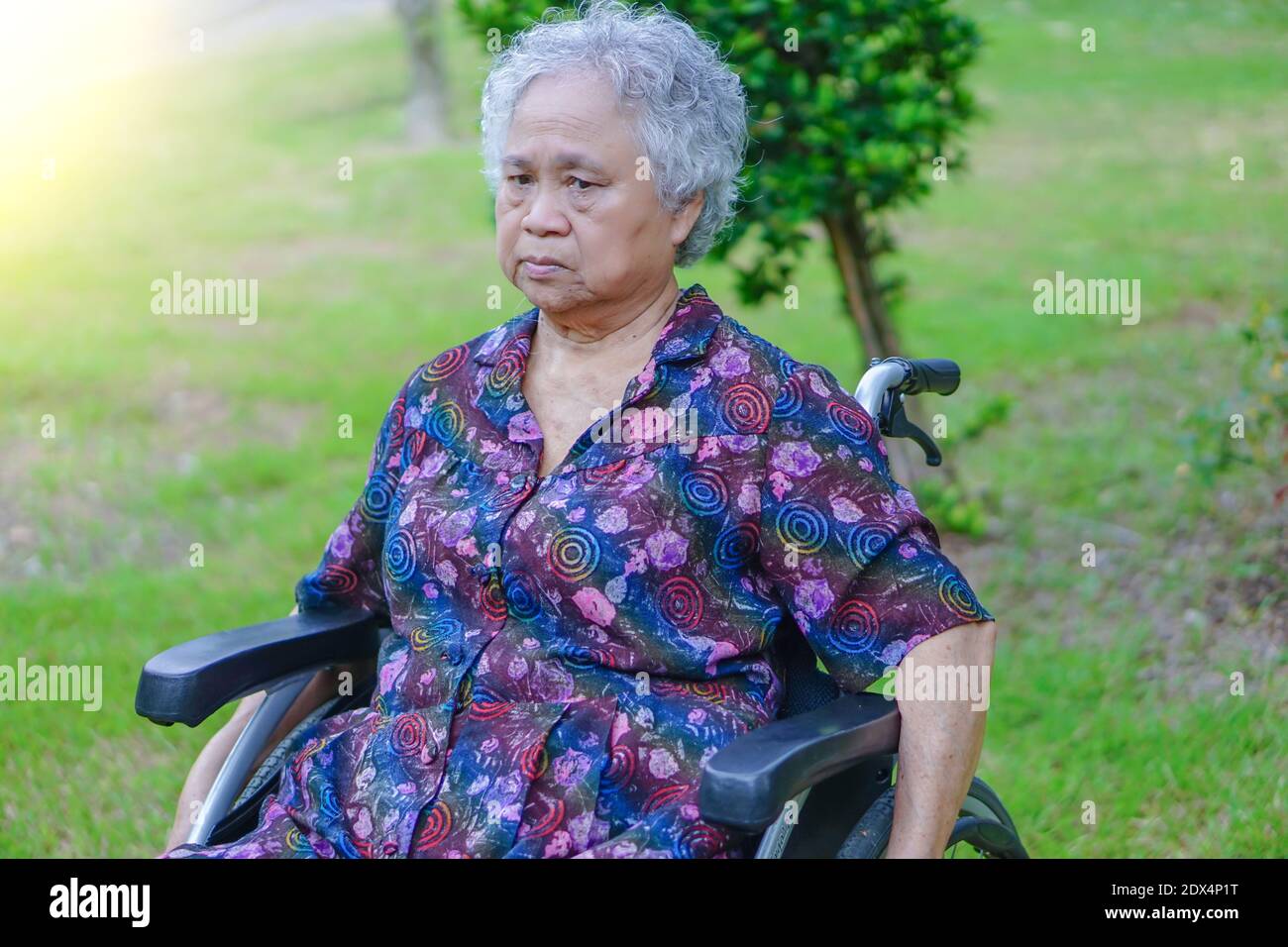 Woman Sitting In Wheelchair On Grass Stock Photo Alamy